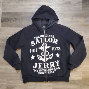 Rare Sailor Jerry Full Zip Anchor Black Hoodie Sweatshirt Sz M Punk Grunge EUC
